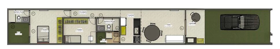 Planta baixa ilustrativa com garagem, varanda gourmet, sala, cozinha, banheiro e dois quartos